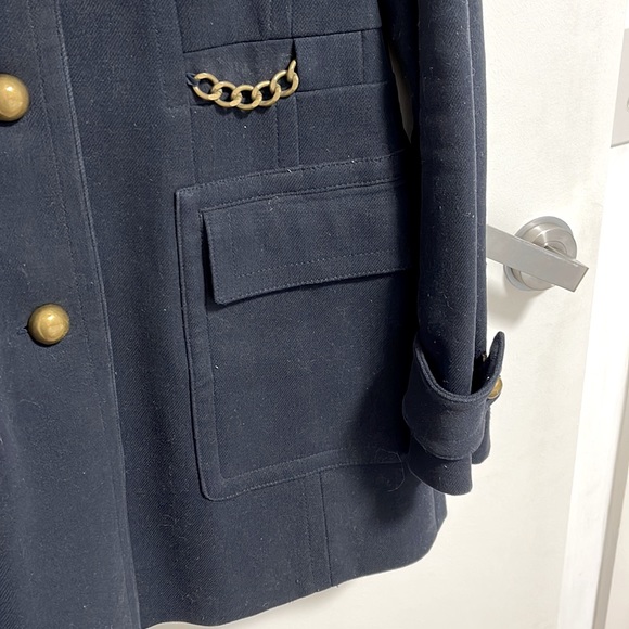 Ann Taylor Navy Lined Heavy Cotton / Canvas Coat with Gold Chain Accents - Picture 2 of 6